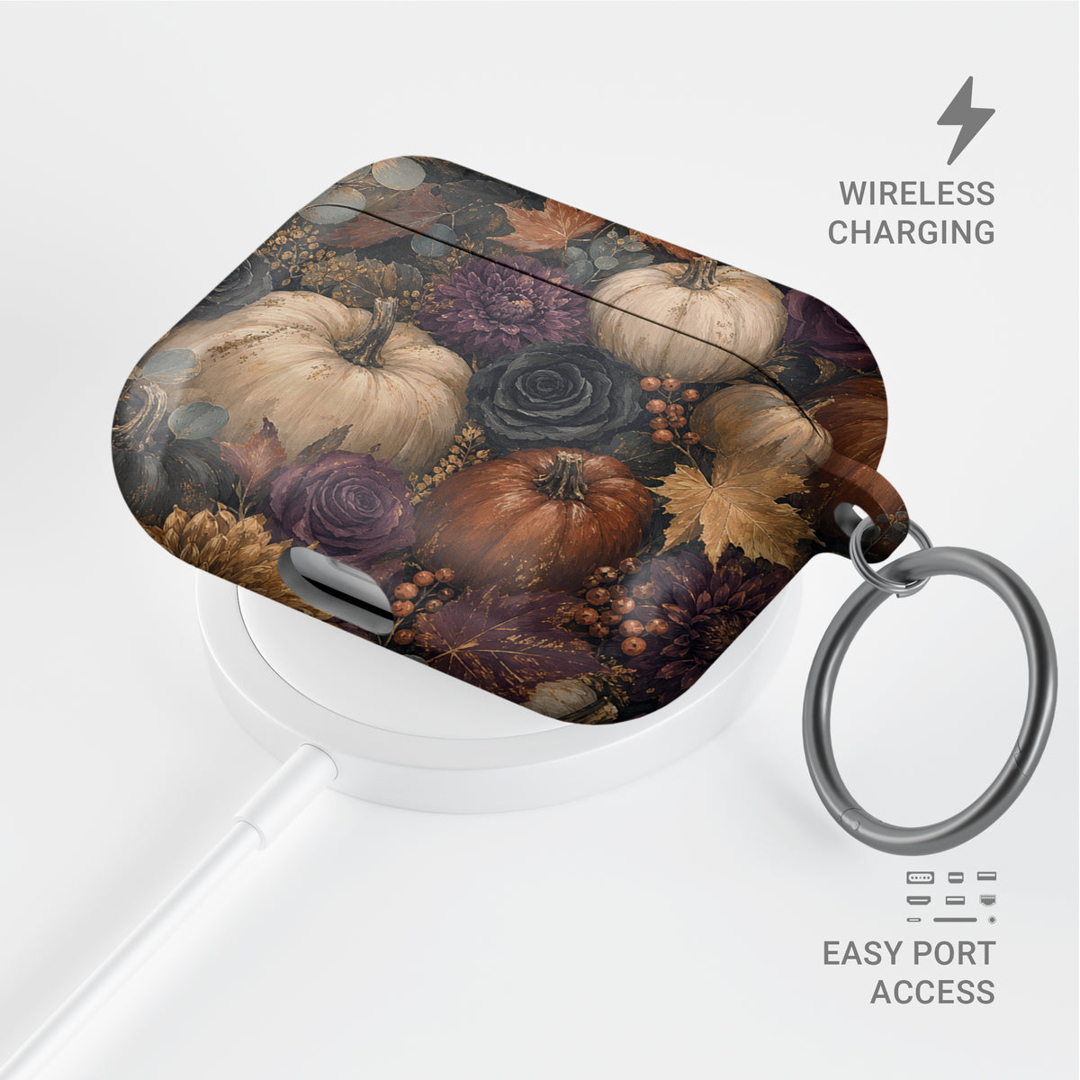 Autumn Garden AirPods case with cream pumpkins, burgundy flowers and trailing foliage on a dark botanical background.