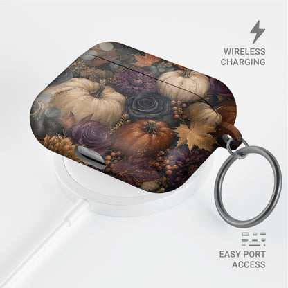 Autumn Garden AirPods case with cream pumpkins, burgundy flowers and trailing foliage on a dark botanical background.
