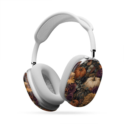 Autumn Garden AirPods Max ear-cup shells with cream pumpkins, burgundy flowers and trailing foliage on a dark botanical background.