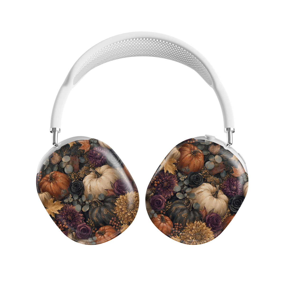 Autumn Garden AirPods Max ear-cup shells with cream pumpkins, burgundy flowers and trailing foliage on a dark botanical background.