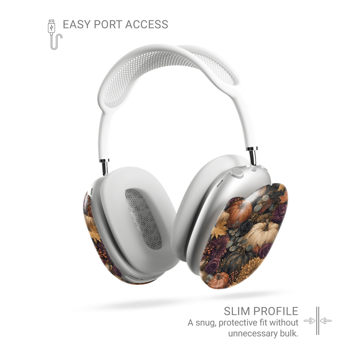 Autumn Garden AirPods Max ear-cup shells with cream pumpkins, burgundy flowers and trailing foliage on a dark botanical background.
