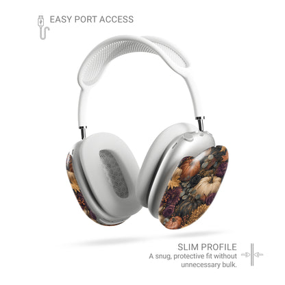 Autumn Garden AirPods Max ear-cup shells with cream pumpkins, burgundy flowers and trailing foliage on a dark botanical background.