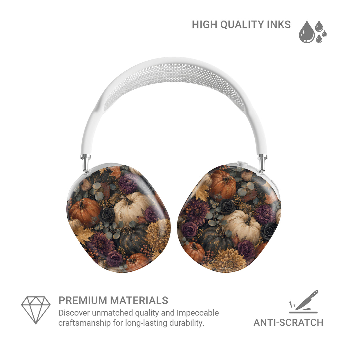 Autumn Garden AirPods Max ear-cup shells with cream pumpkins, burgundy flowers and trailing foliage on a dark botanical background.