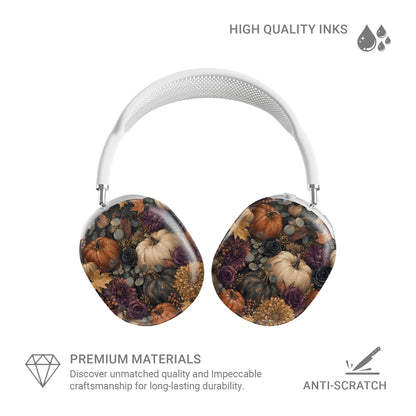 Autumn Garden AirPods Max ear-cup shells with cream pumpkins, burgundy flowers and trailing foliage on a dark botanical background.