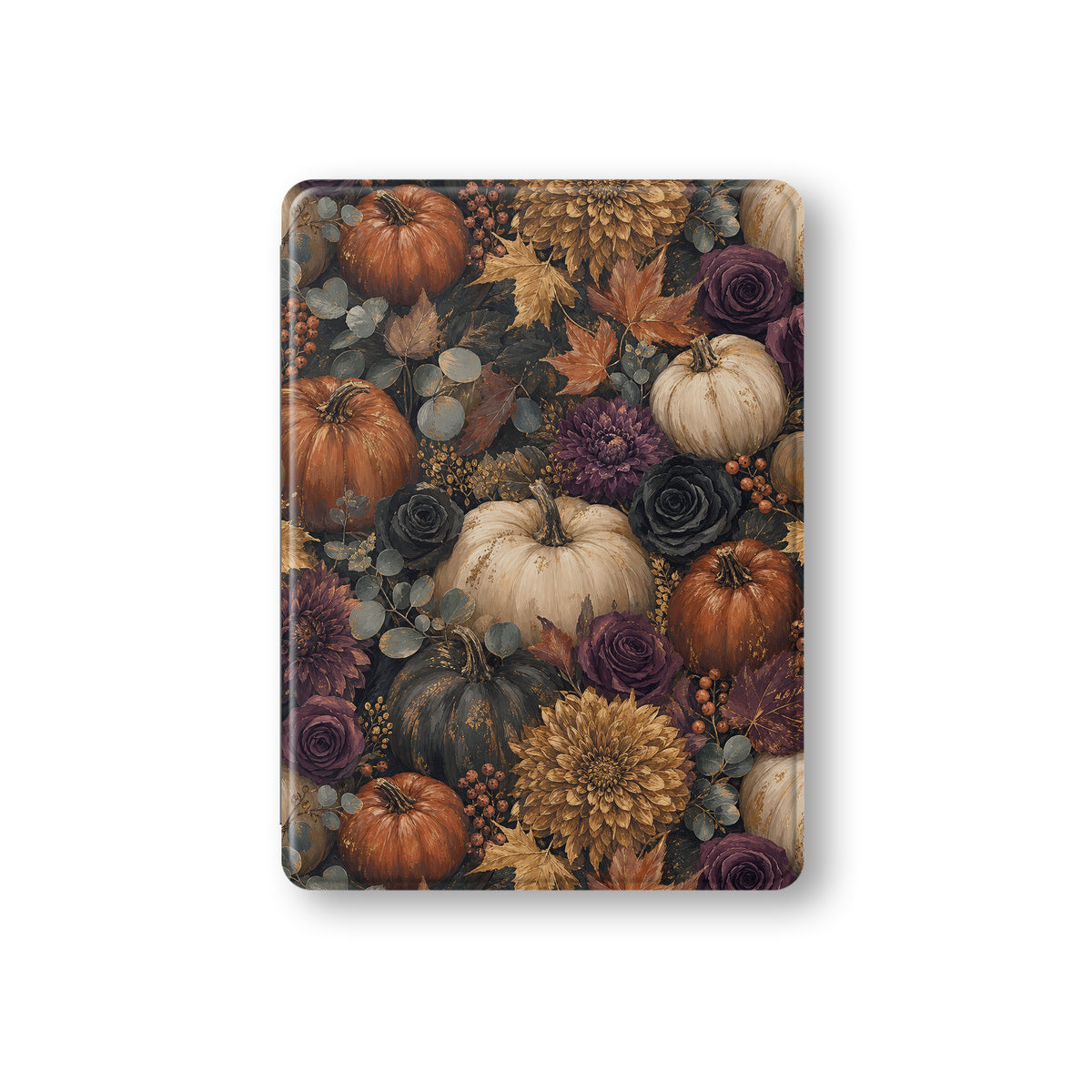 Autumn Garden iPad case with cream pumpkins, burgundy flowers and trailing foliage on a dark botanical background.
