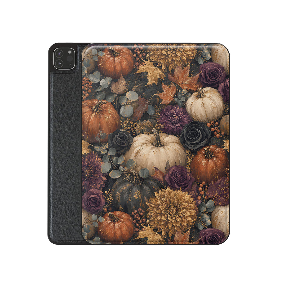 Autumn Garden iPad case with cream pumpkins, burgundy flowers and trailing foliage on a dark botanical background.