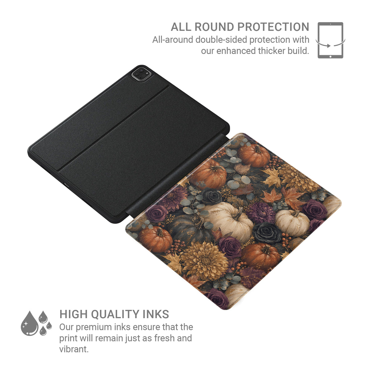 Autumn Garden iPad case with cream pumpkins, burgundy flowers and trailing foliage on a dark botanical background.
