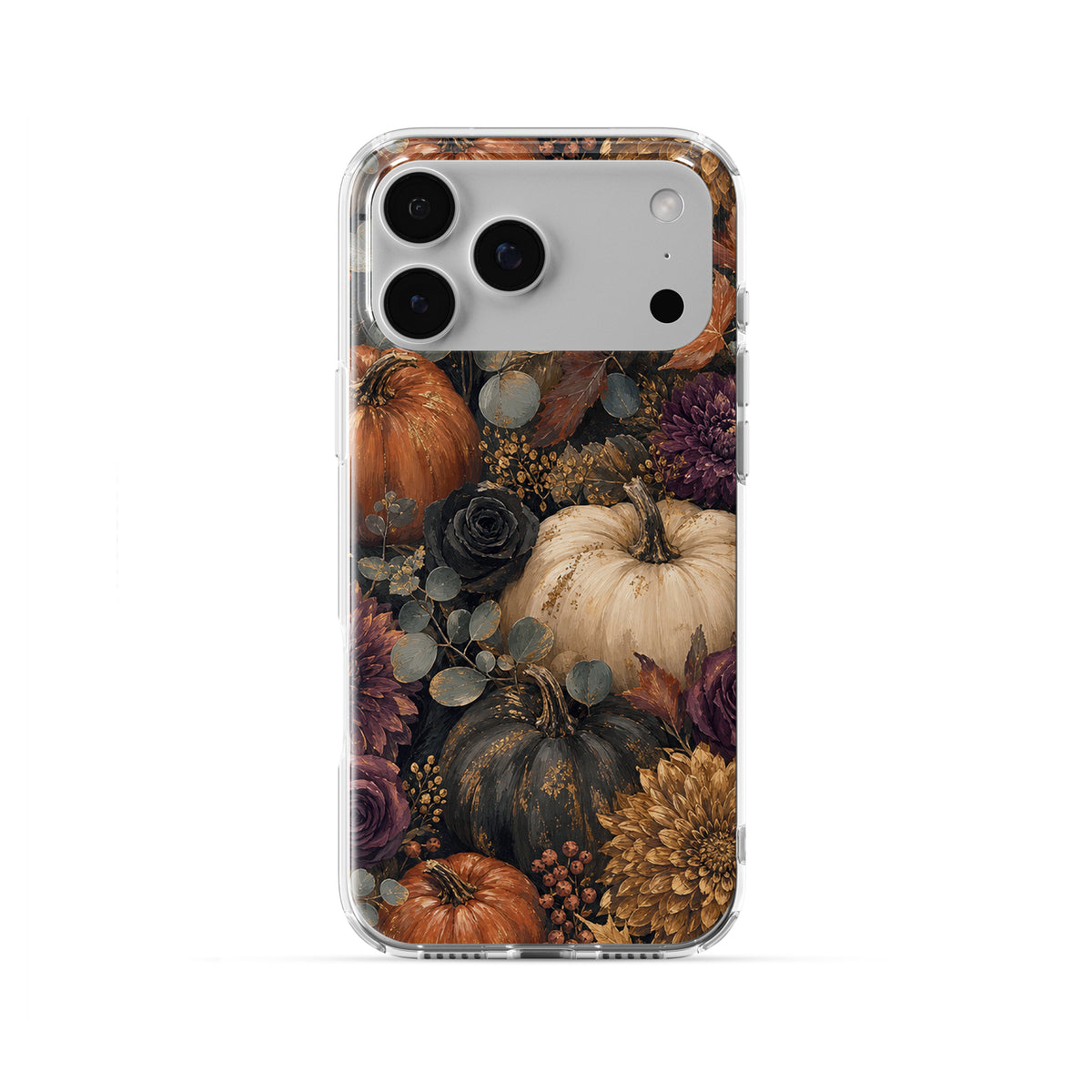 Autumn Garden Clear phone case with cream pumpkins, burgundy flowers and trailing foliage on a dark botanical background.