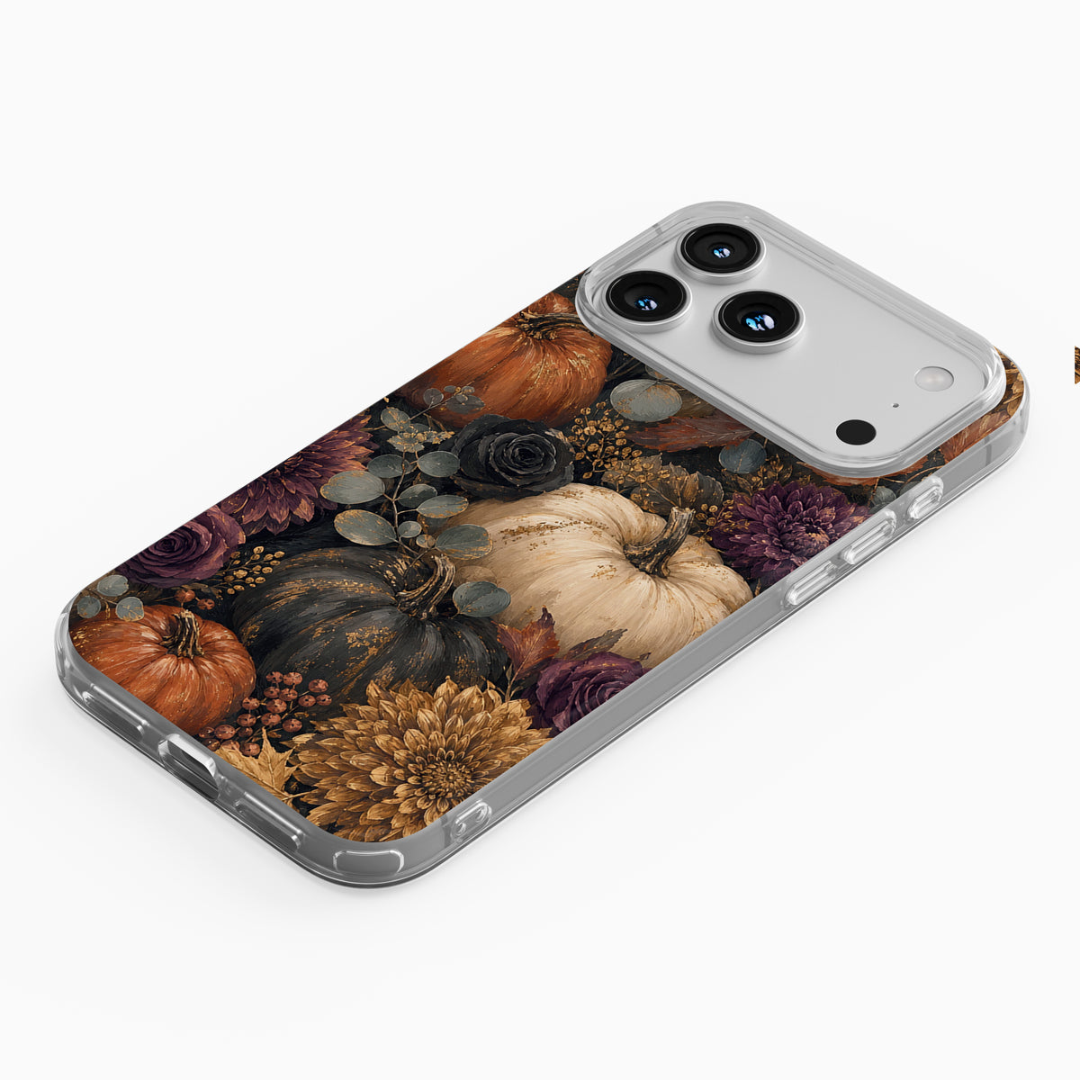 Autumn Garden Clear phone case with cream pumpkins, burgundy flowers and trailing foliage on a dark botanical background.