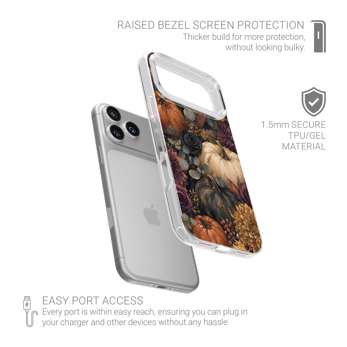 Autumn Garden Clear phone case with cream pumpkins, burgundy flowers and trailing foliage on a dark botanical background.