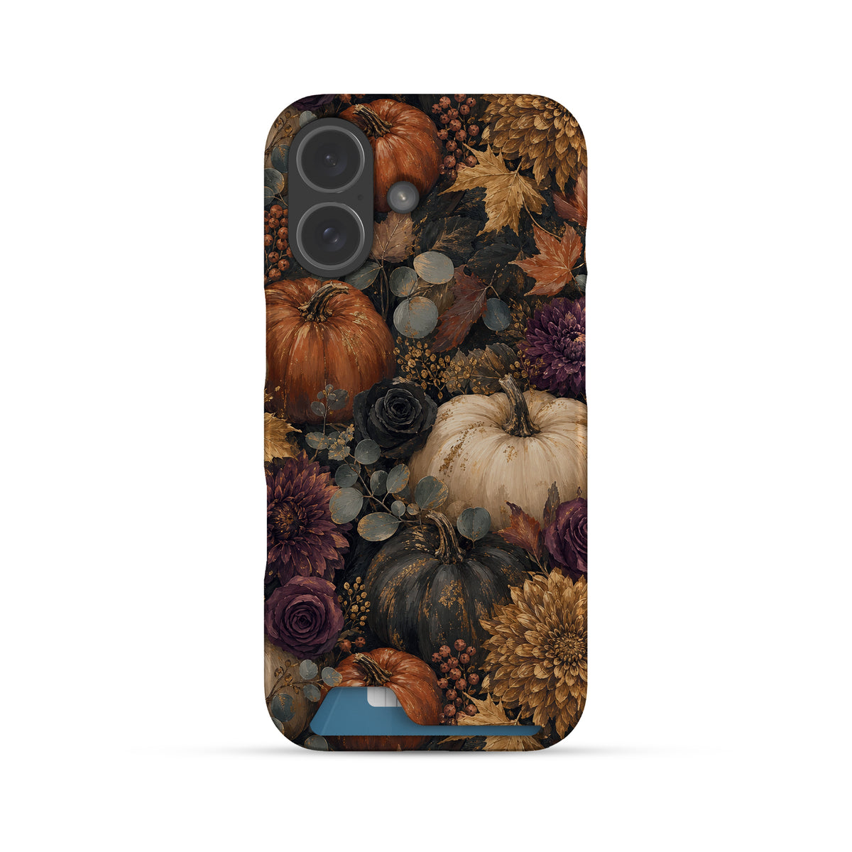 Autumn Garden Card-Holder phone case with cream pumpkins, burgundy flowers and trailing foliage on a dark botanical background.