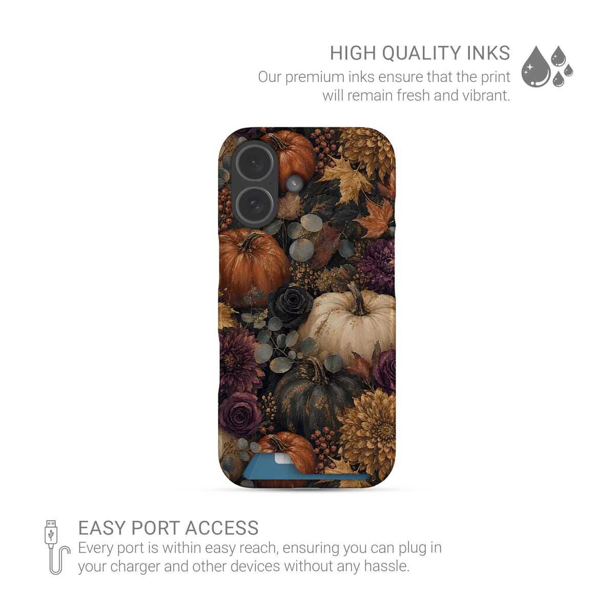 Autumn Garden Card-Holder phone case with cream pumpkins, burgundy flowers and trailing foliage on a dark botanical background.