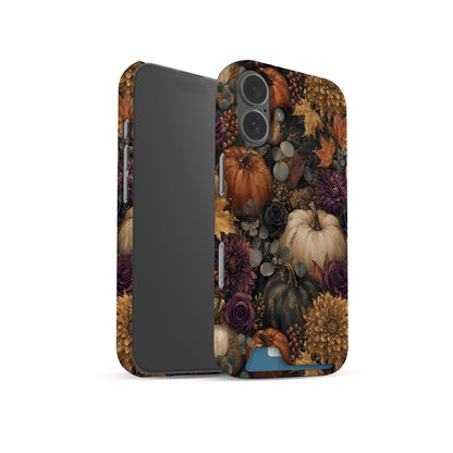 Autumn Garden Card-Holder phone case with cream pumpkins, burgundy flowers and trailing foliage on a dark botanical background.