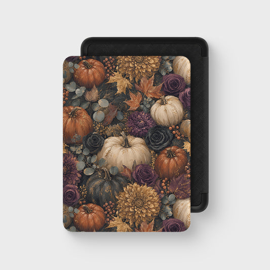 Autumn Garden Kindle case with cream pumpkins, burgundy flowers and trailing foliage on a dark botanical background.