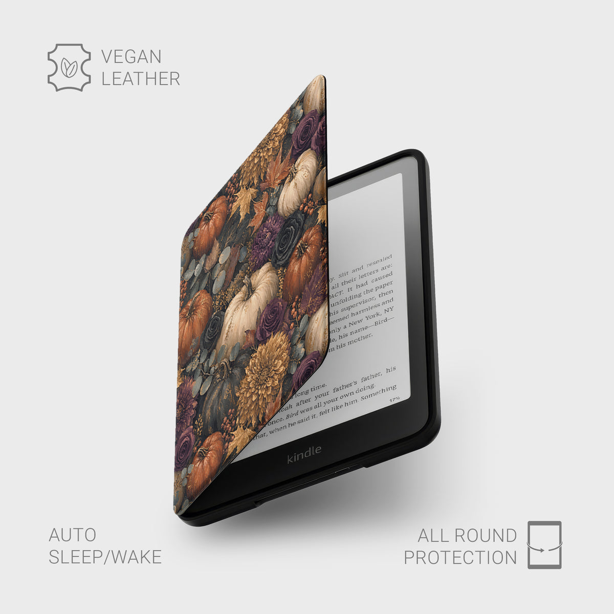 Autumn Garden Kindle case with cream pumpkins, burgundy flowers and trailing foliage on a dark botanical background.