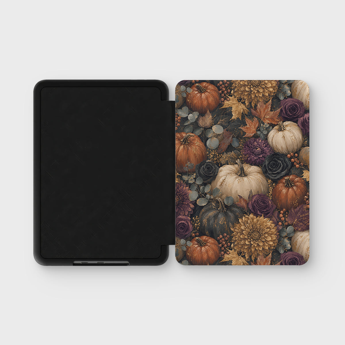 Autumn Garden Kindle case with cream pumpkins, burgundy flowers and trailing foliage on a dark botanical background.