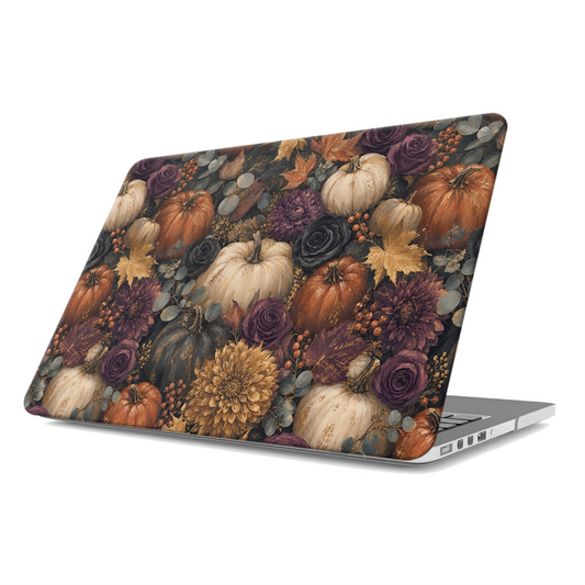 Autumn Garden MacBook shell with cream pumpkins, burgundy flowers and trailing foliage on a dark botanical background.