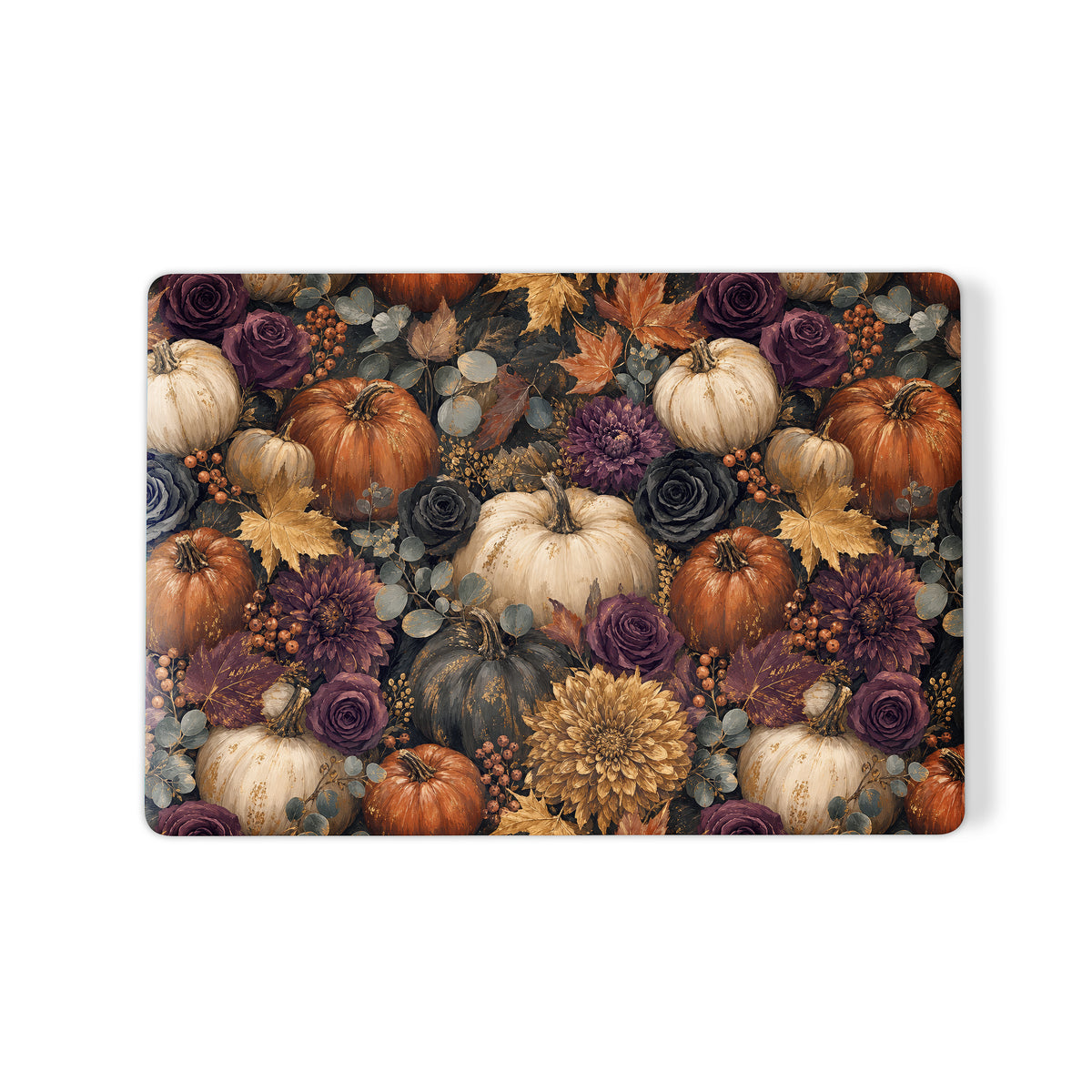 Autumn Garden MacBook shell with cream pumpkins, burgundy flowers and trailing foliage on a dark botanical background.