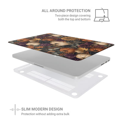 Autumn Garden MacBook shell with cream pumpkins, burgundy flowers and trailing foliage on a dark botanical background.