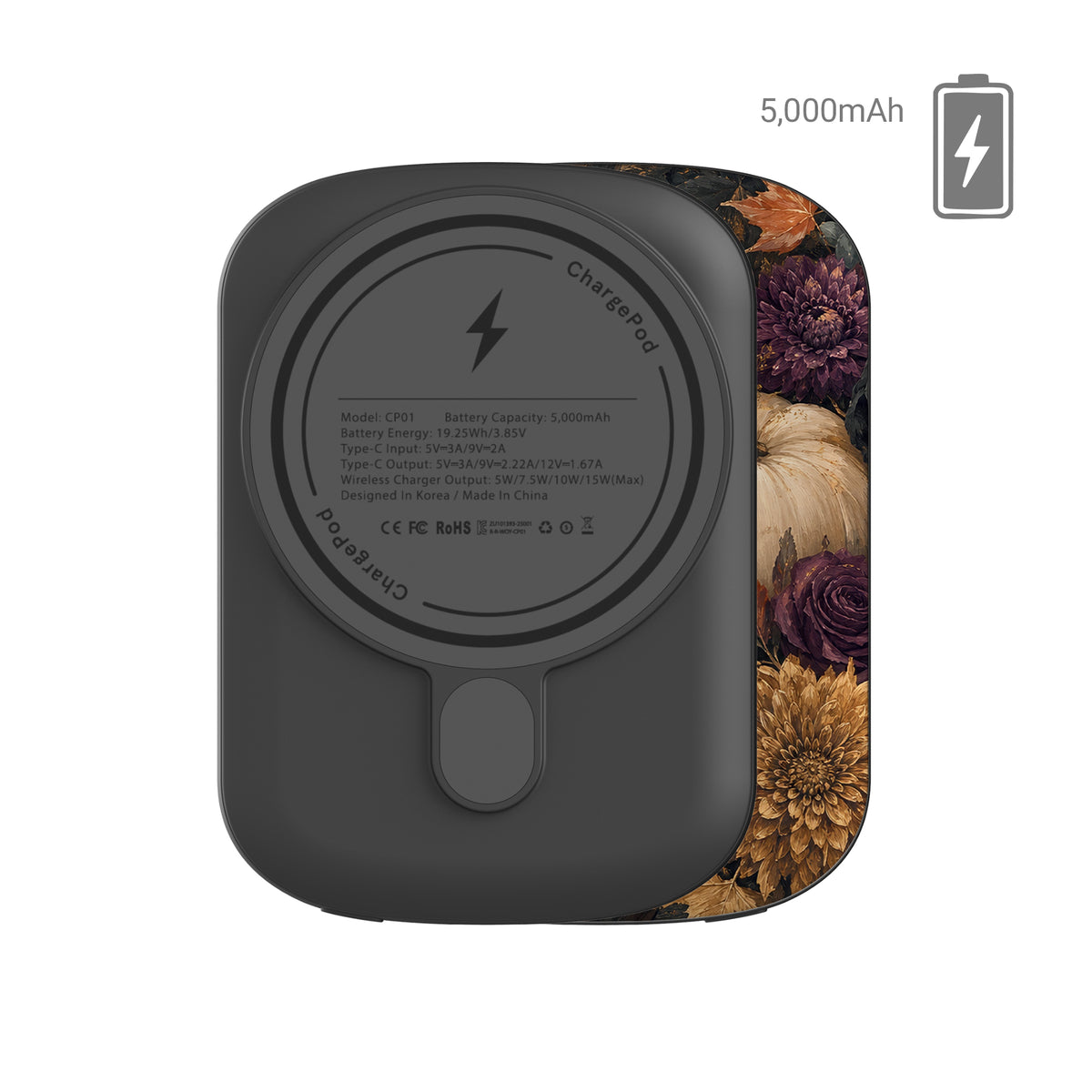 Autumn Garden power bank with cream pumpkins, burgundy flowers and trailing foliage on a dark botanical background.