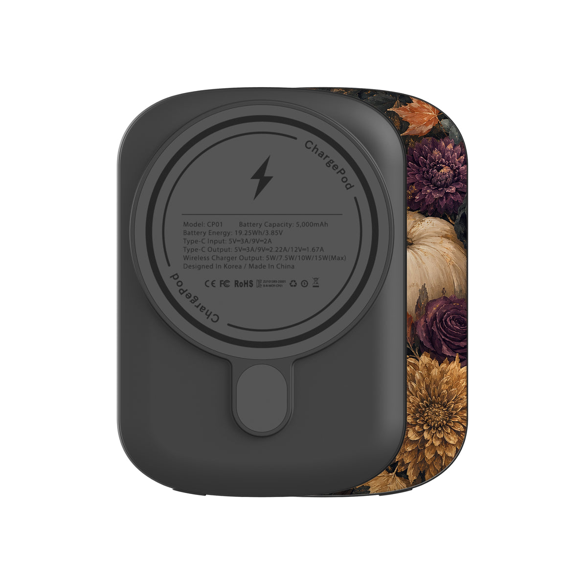 Autumn Garden power bank with cream pumpkins, burgundy flowers and trailing foliage on a dark botanical background.