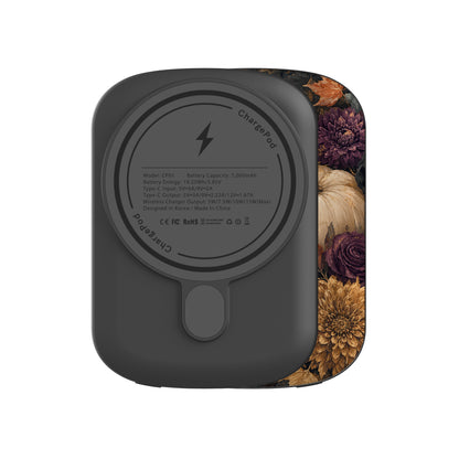 Autumn Garden power bank with cream pumpkins, burgundy flowers and trailing foliage on a dark botanical background.