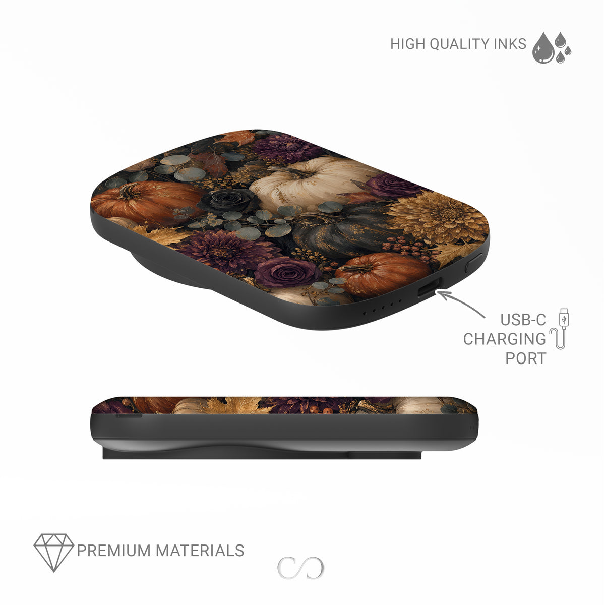 Autumn Garden power bank with cream pumpkins, burgundy flowers and trailing foliage on a dark botanical background.