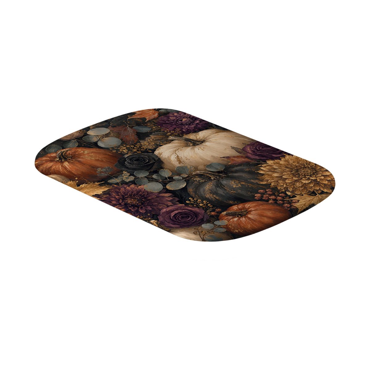 Autumn Garden interchangeable power bank shell featuring cream pumpkins, burgundy florals and trailing foliage on a dark botanical background.