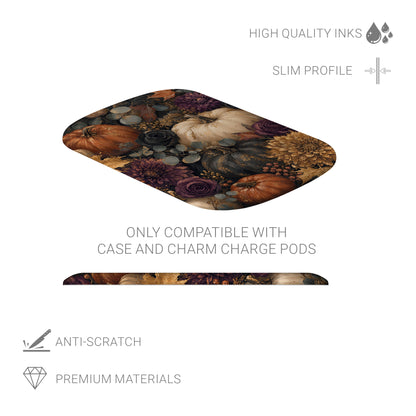 Autumn Garden interchangeable power bank shell featuring cream pumpkins, burgundy florals and trailing foliage on a dark botanical background.