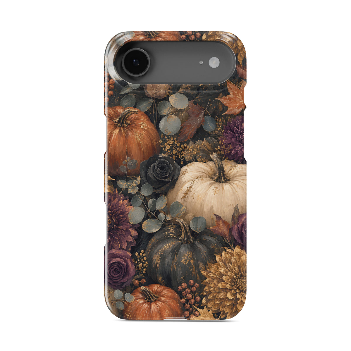 Autumn Garden Snap phone case with cream pumpkins, burgundy flowers and trailing foliage on a dark botanical background.