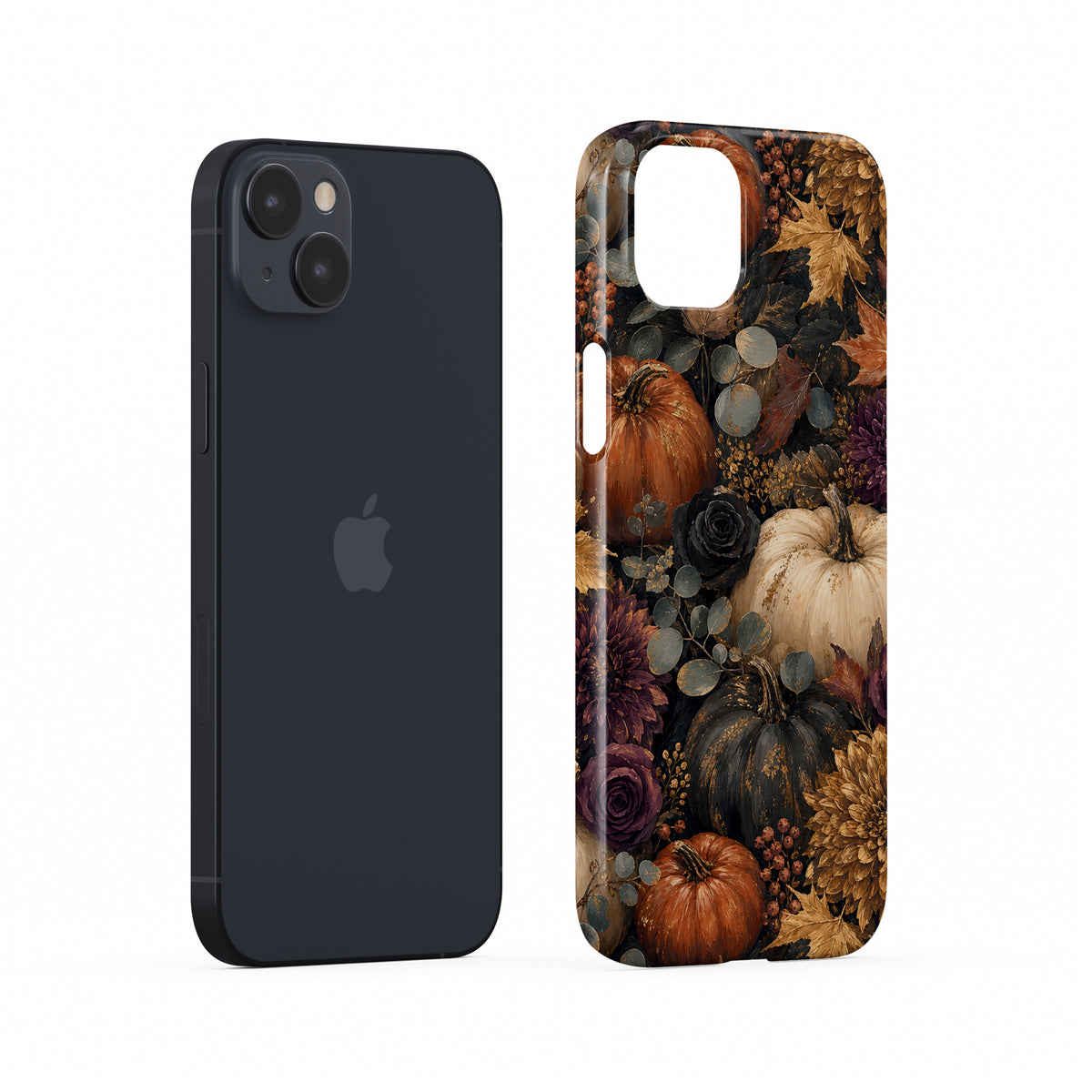 Autumn Garden Snap phone case with cream pumpkins, burgundy flowers and trailing foliage on a dark botanical background.