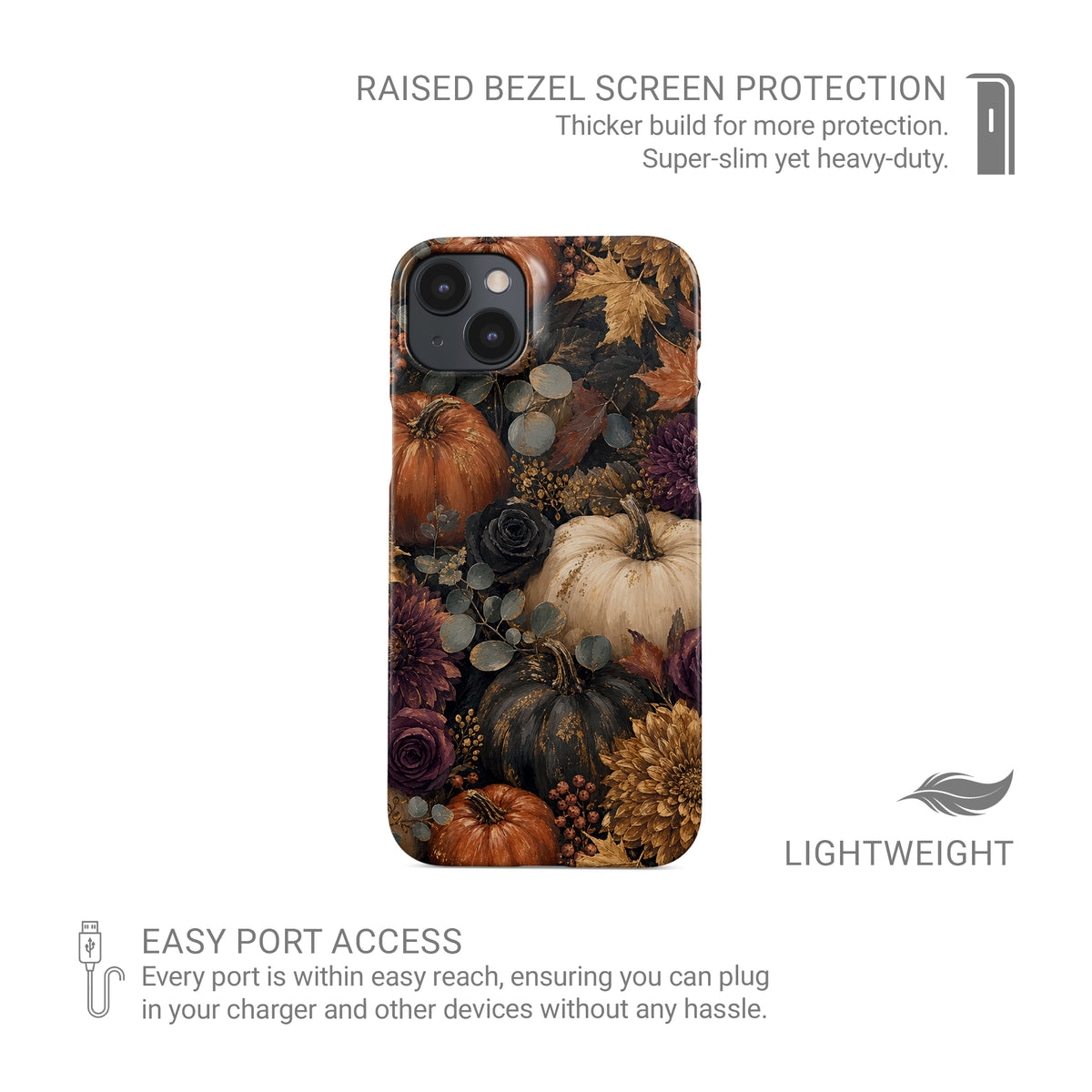 Autumn Garden Snap phone case with cream pumpkins, burgundy flowers and trailing foliage on a dark botanical background.