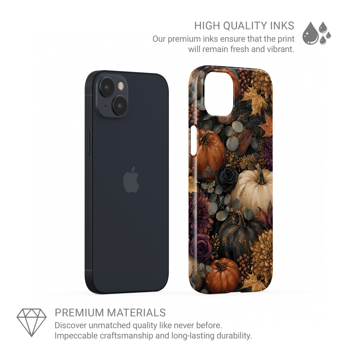 Autumn Garden Snap phone case with cream pumpkins, burgundy flowers and trailing foliage on a dark botanical background.