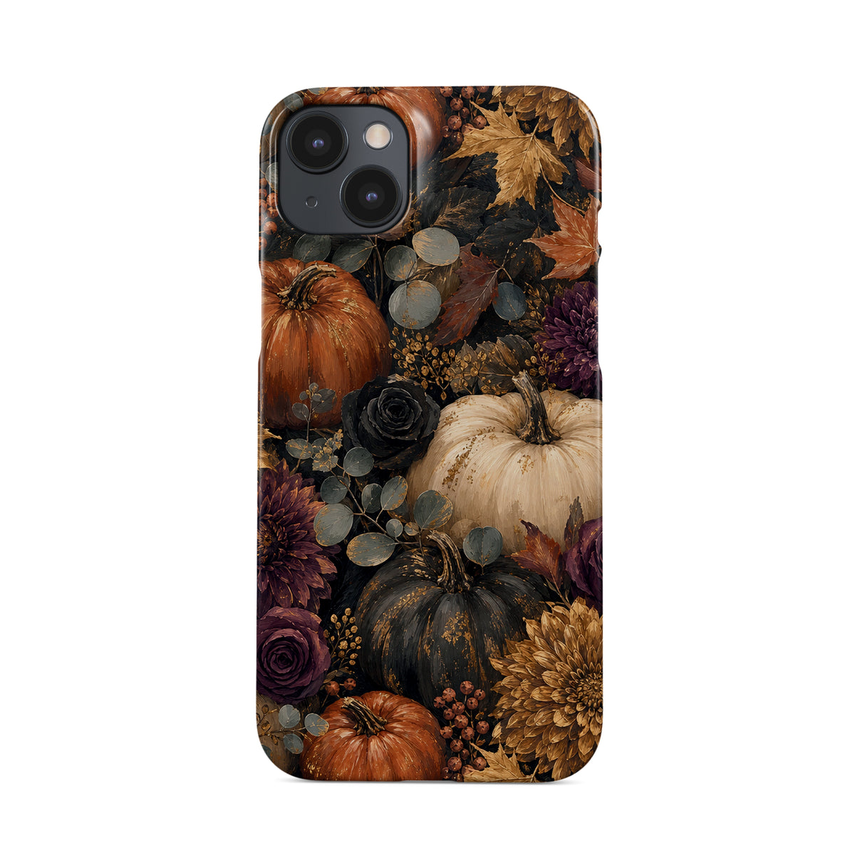 Autumn Garden Snap phone case with cream pumpkins, burgundy flowers and trailing foliage on a dark botanical background.