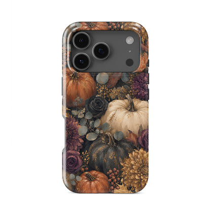 Autumn Garden Tough phone case with cream pumpkins, burgundy flowers and trailing foliage on a dark botanical background.