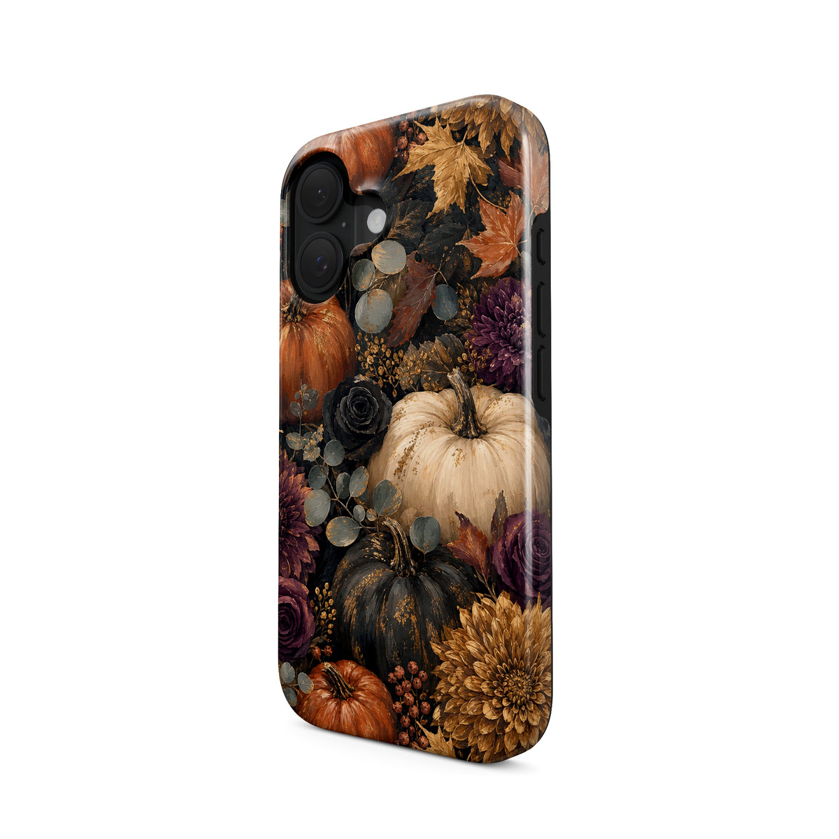 Autumn Garden Tough phone case with cream pumpkins, burgundy flowers and trailing foliage on a dark botanical background.