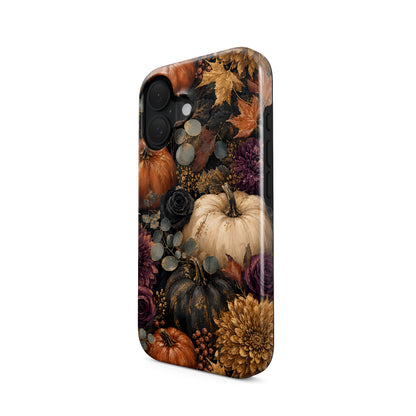 Autumn Garden Tough phone case with cream pumpkins, burgundy flowers and trailing foliage on a dark botanical background.