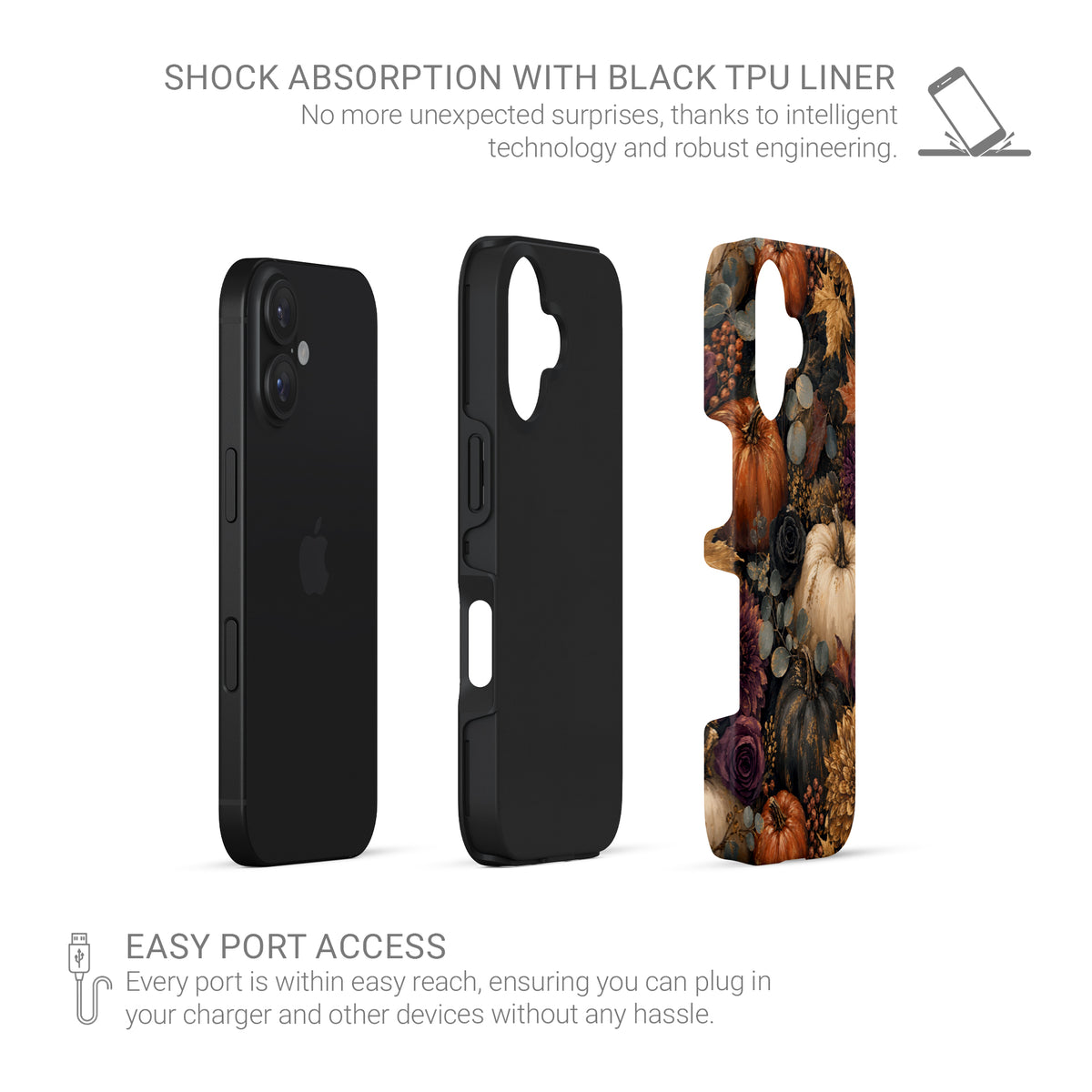 Autumn Garden Tough phone case with cream pumpkins, burgundy flowers and trailing foliage on a dark botanical background.