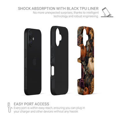Autumn Garden Tough phone case with cream pumpkins, burgundy flowers and trailing foliage on a dark botanical background.