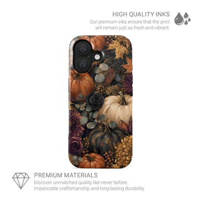 Autumn Garden Tough phone case with cream pumpkins, burgundy flowers and trailing foliage on a dark botanical background.