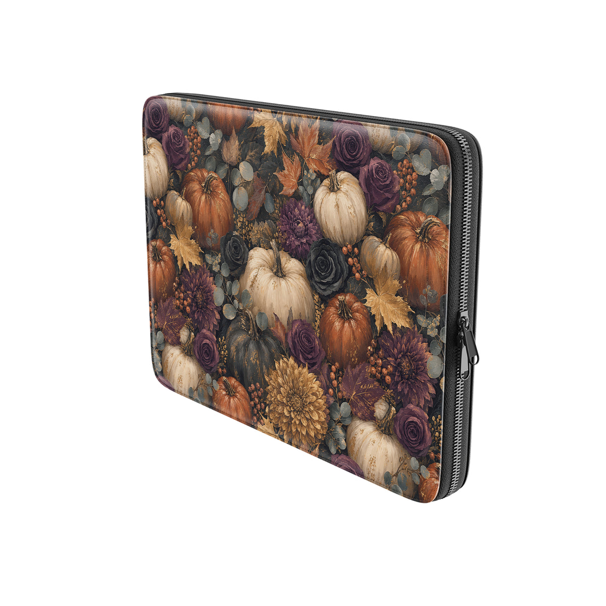 Autumn Garden laptop sleeve with cream pumpkins, burgundy flowers and trailing foliage on a dark botanical background.