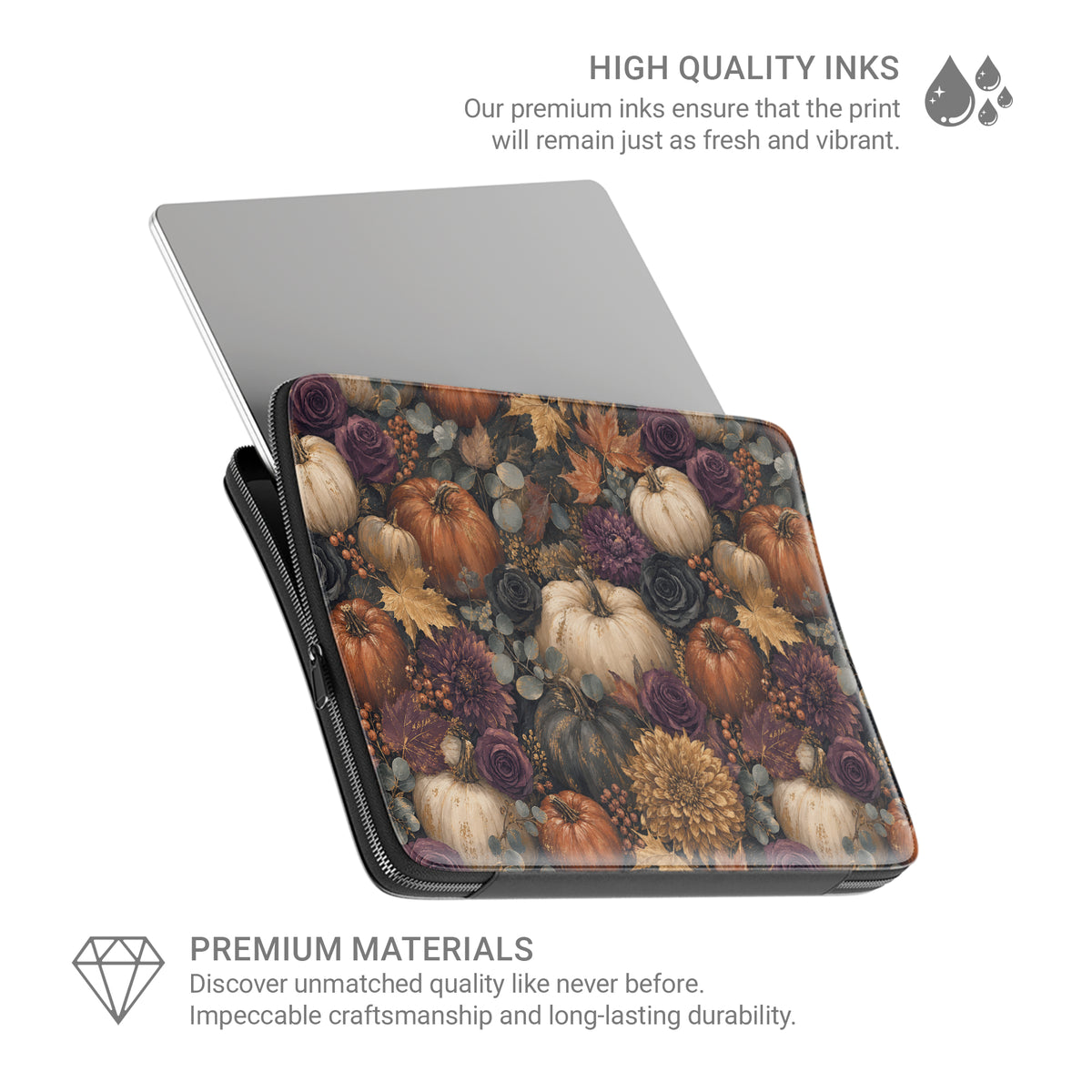 Autumn Garden laptop sleeve with cream pumpkins, burgundy flowers and trailing foliage on a dark botanical background.