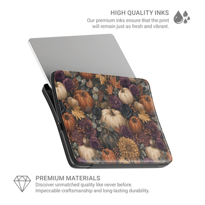 Autumn Garden laptop sleeve with cream pumpkins, burgundy flowers and trailing foliage on a dark botanical background.