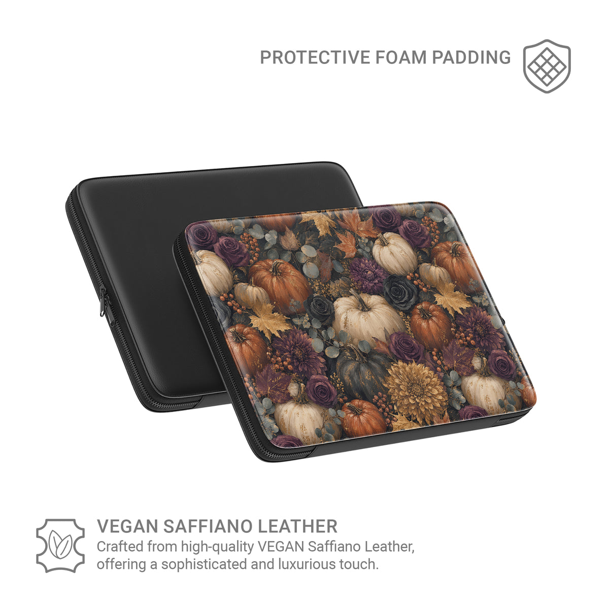 Autumn Garden laptop sleeve with cream pumpkins, burgundy flowers and trailing foliage on a dark botanical background.