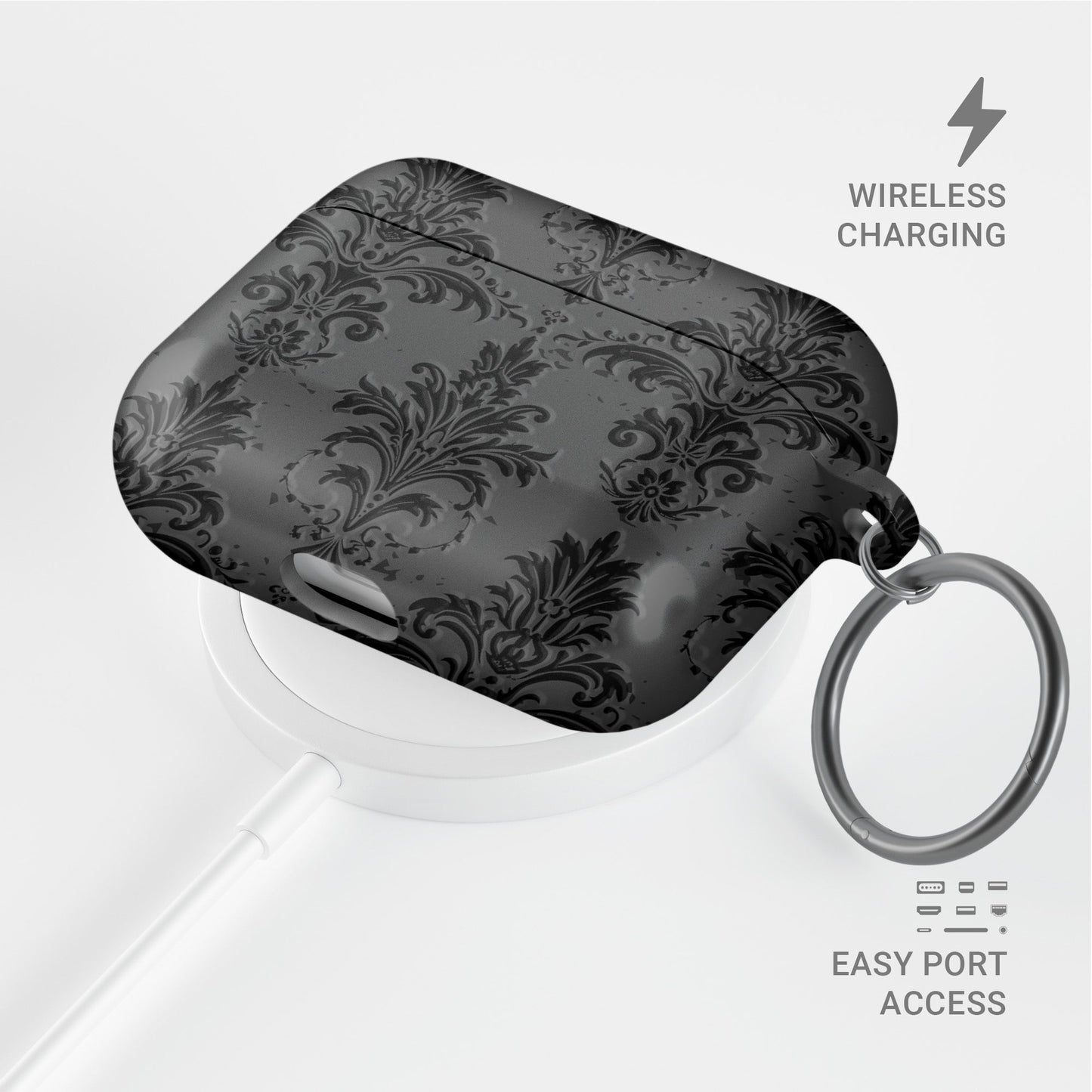 Dark Majesty AirPods Tough Case with black and grey damask baroque vintage print, glossy finish, and impact-resistant single-shell design.