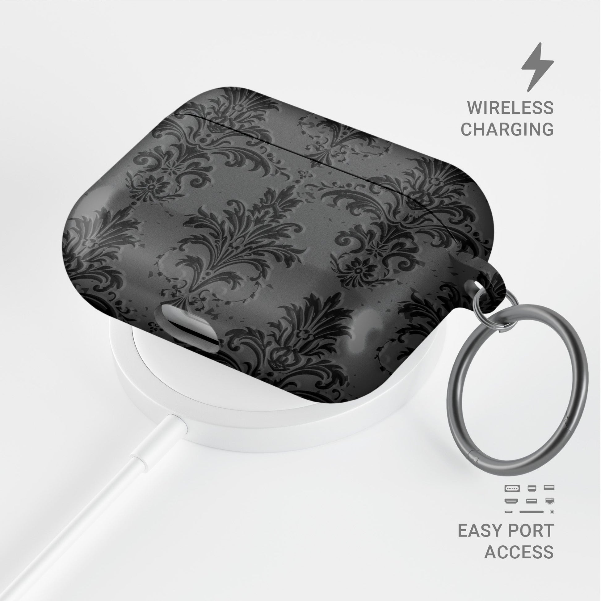 Dark Majesty AirPods Tough Case with black and grey damask baroque vintage print, glossy finish, and impact-resistant single-shell design.