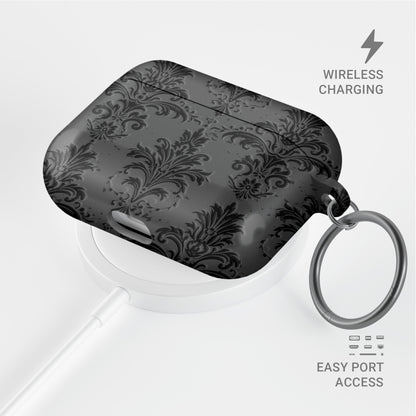 Dark Majesty AirPods Tough Case with black and grey damask baroque vintage print, glossy finish, and impact-resistant single-shell design.