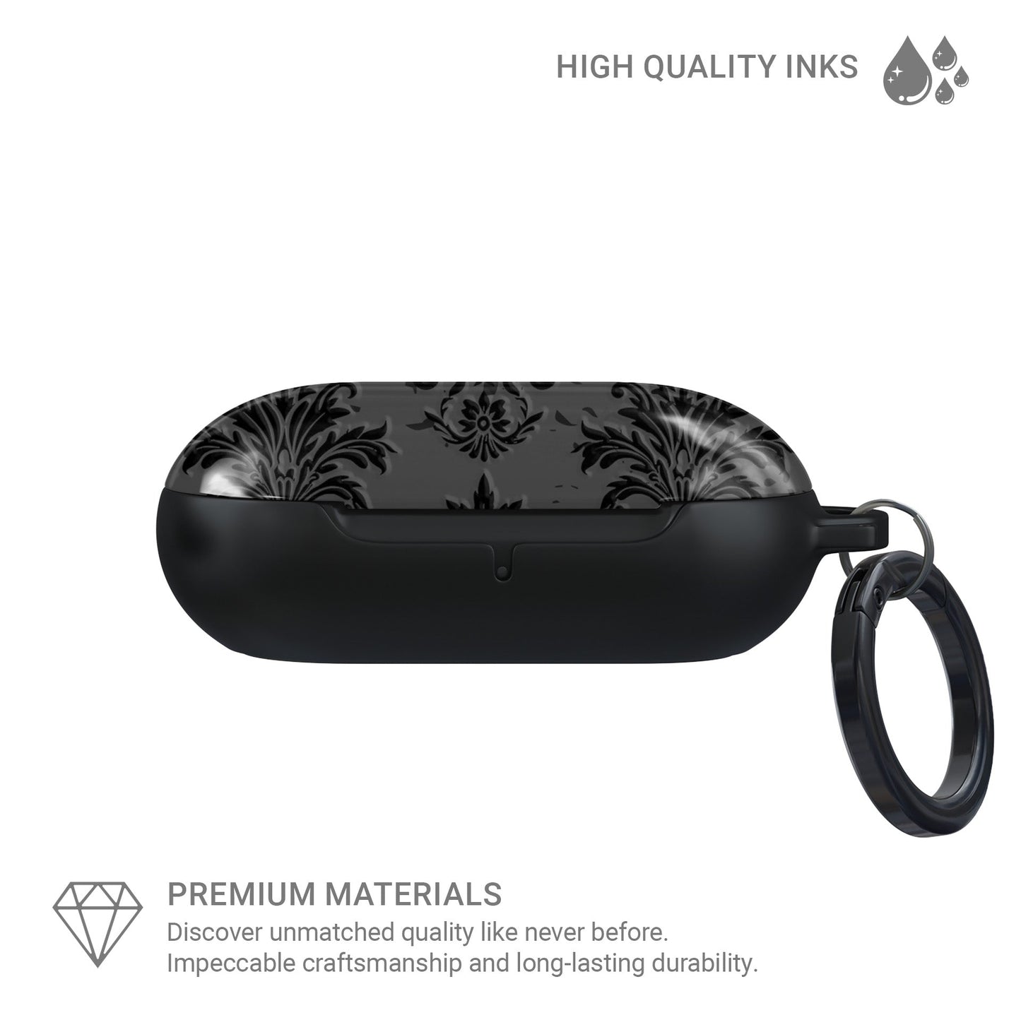 Dark Majesty Samsung Buds Tough Case with black damask pattern, glossy finish, and slim, impact-resistant build.