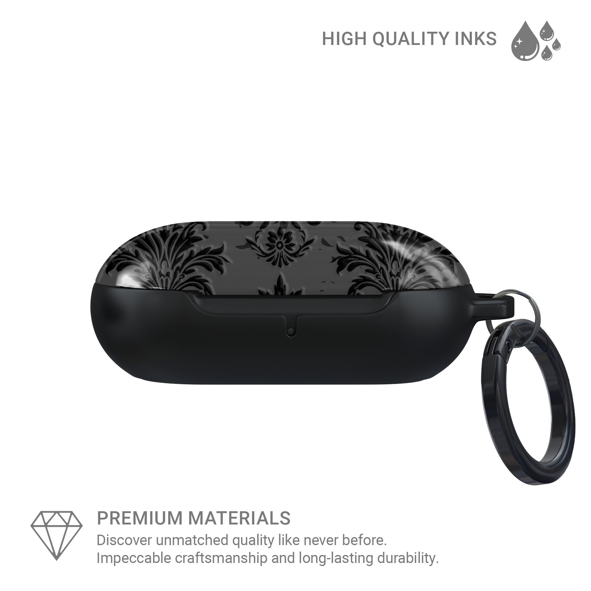 Dark Majesty Samsung Buds Tough Case with black damask pattern, glossy finish, and slim, impact-resistant build.