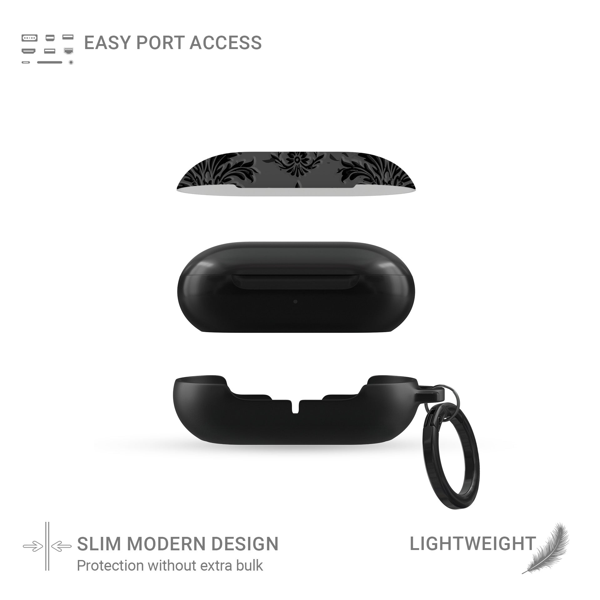Dark Majesty Samsung Buds Tough Case with black damask pattern, glossy finish, and slim, impact-resistant build.